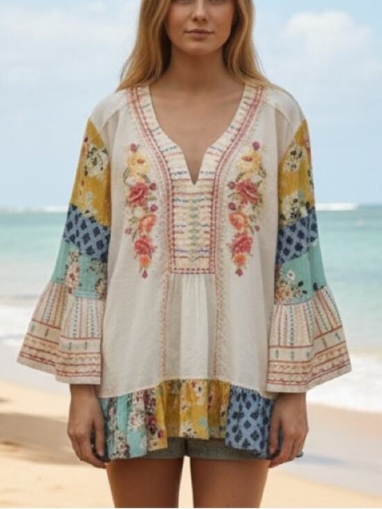Coldwater Creek Tops - Coldwater Creek NWT Boho Embroidered V-Neck Tunic Multi Patchwork Plus Size 2X